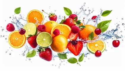 Assortment of Fresh Fruits and Mint Leaves Splashing in Clear Water