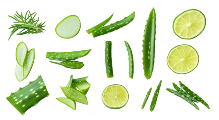A arrangement of fresh aloe vera leaves. lime slices. and rosemary sprigs on a clean white background. their natural textures and colors. ideal for health and wellness concepts