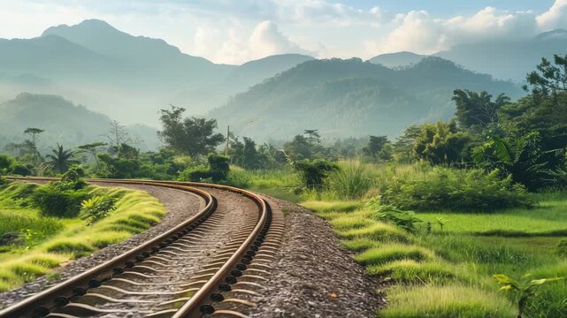 Train tracks curve through lush green landscape with mountains in background under partly cloudy sky