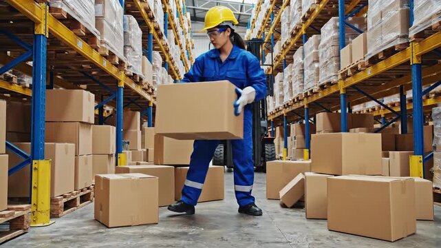 Warehouse worker organizing cardboard boxes on shelving units