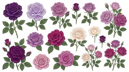 Purple Lavender Rose Flowers Collection Watercolor Illustration Set Trendy Bouquet Floral Design