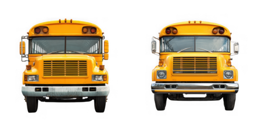 Detailed front view of two yellow school buses showcasing their design and features on transparent background
