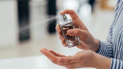 Person spraying perfume from a glass bottle onto their hand indoors