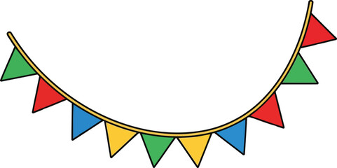 Obraz premium A colorful illustration of two rows of triangular bunting flags in red, green, blue and yellow on a white background for festive decoration