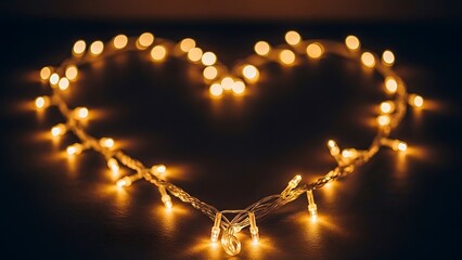 Heart Shape Made With Warm LED Fairy Lights On Dark Background.