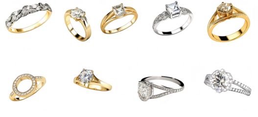 A stunning collection of elegant engagement and wedding rings featuring various designs. including classic. modern. and intricate styles. displayed on a clean surface to highlight their beauty