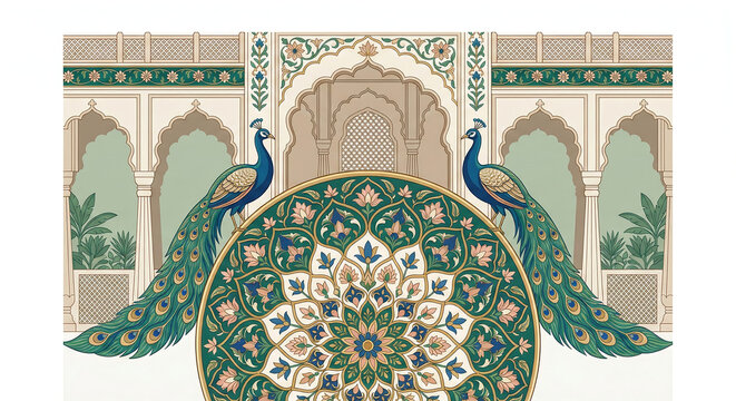 Title: Ornate peacock with intricate floral patterns and decorative in a symmetrical isolated on a transparent background