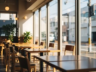 Sunlit Cafe Interior with Wooden Tables and Chairs City Street View Through Windows