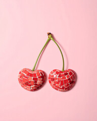 Ripe cherries, wall decoration, red ceramic mosaic, summer fruit inspiration