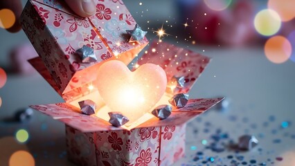 Magical Glowing Heart Gift Box Opening with Bokeh Lights and Glitter.