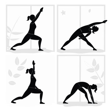 Four women in yoga poses within square frames on white background woman female