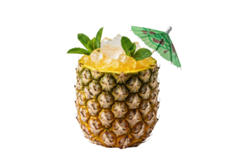 A vibrant, golden-yellow pineapple cocktail, packed with crushed ice and wet mint, condensation dripping, captured in a macro close-up on a transparent background. Concept for beverage advertising