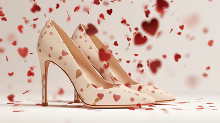 Elegant Beige High Heel Shoes Decorated with Red Heart Patterns on White Background, Romantic Fashion and Valentine&rsquo;s Day Concept