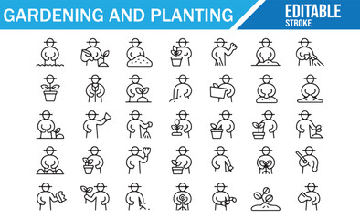 Obraz premium Collection of outline symbols related to growing plants and garden work.
