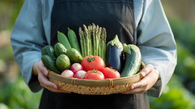 女性が夏野菜のかごを両手で掲げる