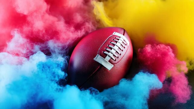 American football surrounded by colorful smoke in red, yellow, and blue hues