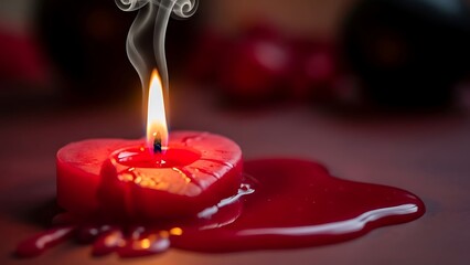 Burning Red Heart Shaped Candle with Melted Wax and Smoke for Romance.
