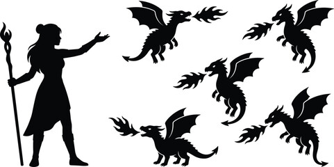 Sorceress summoning fire-breathing dragons, fantasy magic silhouette illustration of wizard woman commanding flying mythical creatures, medieval epic artwork © Md