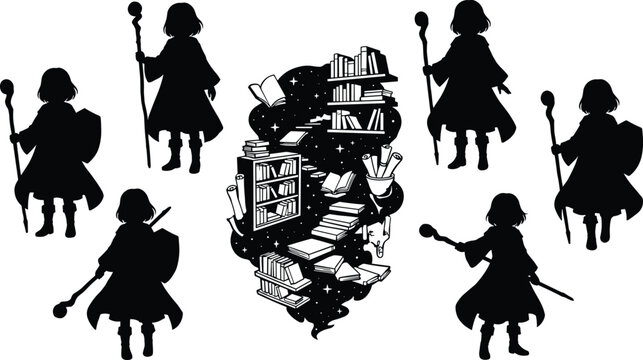 Silhouettes of young mage child with staff surrounding floating magical library, fantasy books and scrolls in enchanted mystical scene