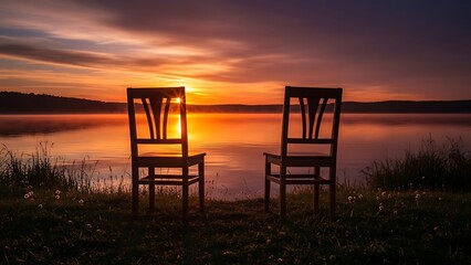 Two Wooden Chairs Facing Scenic Sunset Over Calm Lake Water Romantic View.