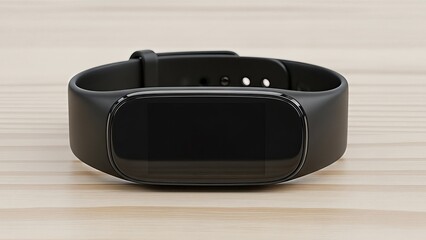 Black digital fitness tracker smart band resting on light wooden table surface
