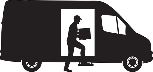 Delivery Driver Stepping Out of Van Side Door with Package Silhouettes isolated on white background © Abdul Hamid