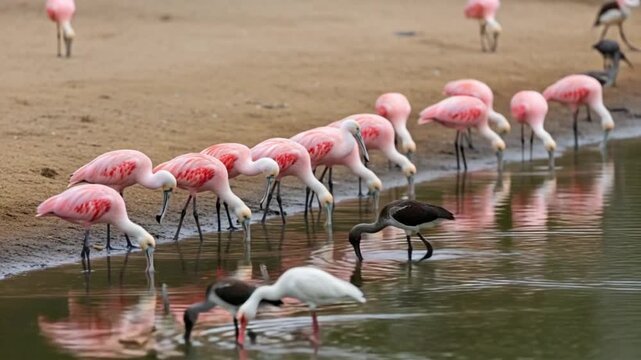 A flock of roseate spoonbills and other birds foraging in shallow water on a sandy beach