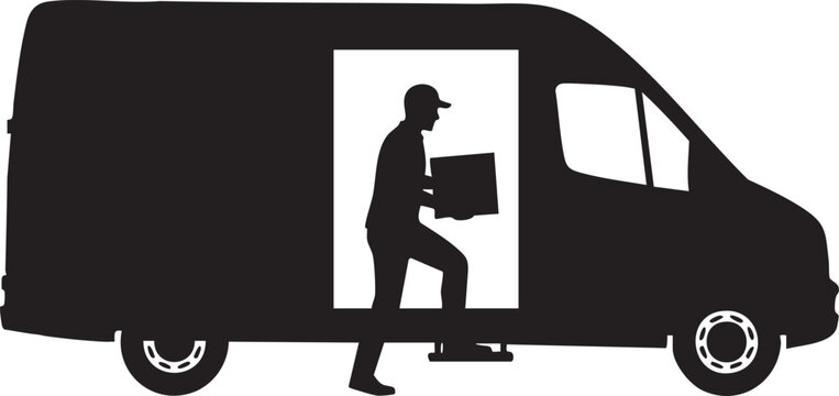 Delivery Driver Stepping Out of Van Side Door with Package Silhouettes isolated on white background