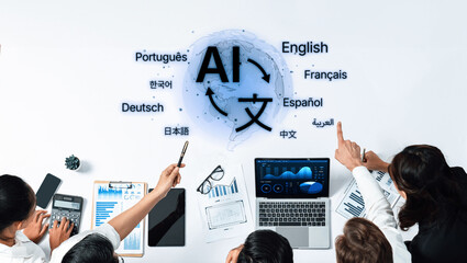 A diverse team collaborates on artificial intelligence language solutions, visualizing multilingual communication with charts and data in a modern office setting. Trope