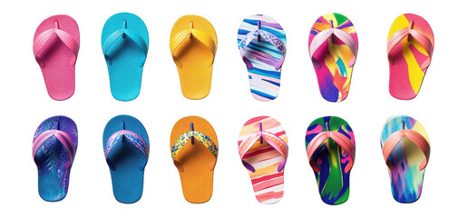 A collection of colorful flip-flops arranged in a grid pattern. various designs and colors against a clean white background. ideal for summer fashion or beachwear promotion