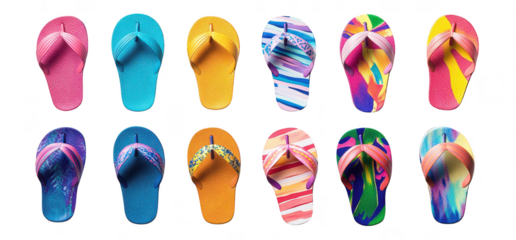 A collection of colorful flip-flops arranged in a grid pattern. various designs and colors against a clean white background. ideal for summer fashion or beachwear promotion