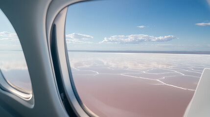 Fototapeta premium Scenic view from an airplane window: a tranquil lake reflects the clear blue sky, dotted with clouds. The view is framed by the window, offering a glimpse of serene beauty.