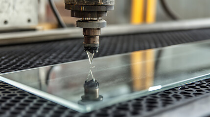 Close-up of a waterjet cutting through a glass sheet, showcasing precision. The water droplet highlights the technology's accuracy & reflection on the surface. Clean, precise cut.