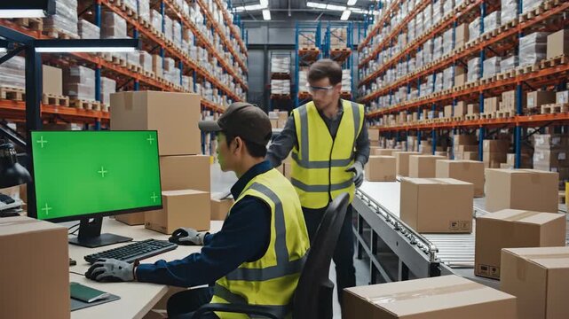 Warehouse worker packing boxes near computer screen and storage shelves