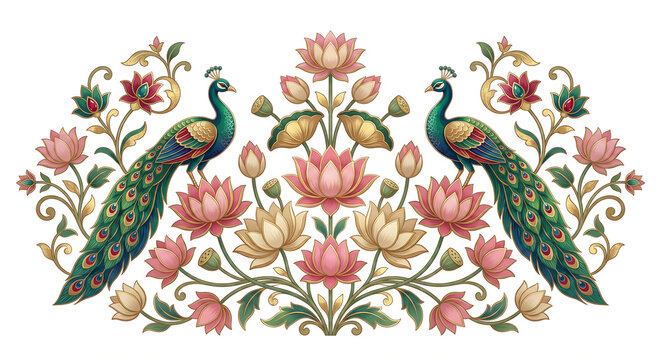 Title: Two peacocks standing in front of an ornate archway with intricate floral and geometric isolated on a transparent background