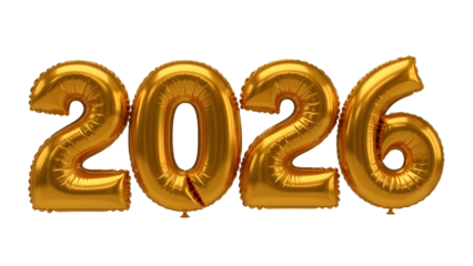 Golden foil balloon numbers forming the year 2026 for celebration and future event concepts isolated PNG with Transparent Background