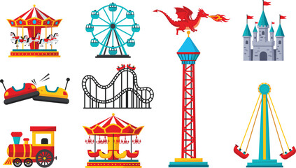 Large set of colorful amusement park ride icons featuring a roller coaster ferris wheel carousels bumper cars drop tower and fairground attractions vector. © Hosneara
