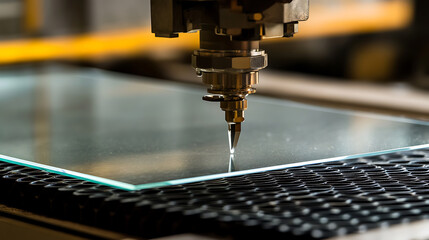Precision cutting with a high-pressure water jet, perfect for glass and other materials. Watch as technology meets artistry in material processing.
