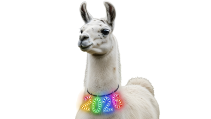 Funny white llama wearing colorful glowing 2023 necklace for holiday and New Year celebration isolated PNG with Transparent Background