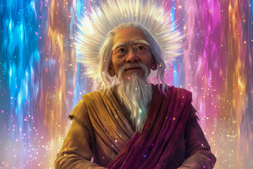 A man meditating amidst vertical streams of glowing colors and floating light particles in digital art style.