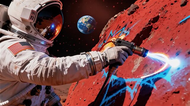Un astronauta usando un  láser  de plasma para pintar un mural brillante en una roca roja de Marte