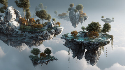 3D Render: Abstract Floating Islands Landscape