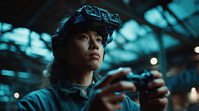 A woman wearing a virtual reality headset is playing a video game. Concept of immersion and excitement as the woman is fully engaged in the gaming experience - Powered by Adobe