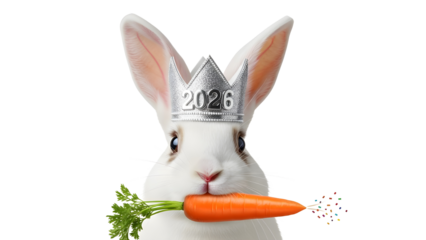 Cute white rabbit mascot wearing a 2026 crown and holding a fresh carrot isolated PNG with Transparent Background