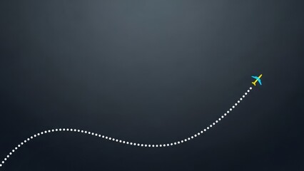Minimalist aircraft model flying on a dotted trajectory path on dark background. Aviation and travel concept for flight booking website banner.