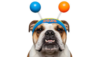 Humorous English Bulldog wearing "2024" New Year celebration antenna headband. isolated PNG with Transparent Background