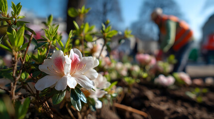Blooming Beauty: A macro shot captures the delicate beauty of a vibrant flower, with soft petals bathed in natural light, while a gardener tends the surrounding blooms.