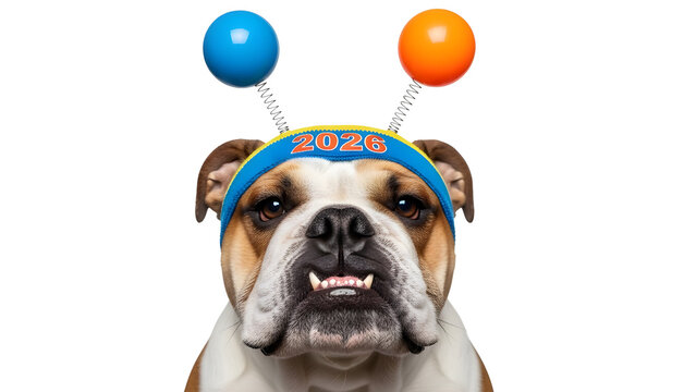 Funny English Bulldog wearing 2026 New Year headband, celebratory dog with party boppers, festive pet portrait for holiday greeting cards isolated PNG with Transparent Background