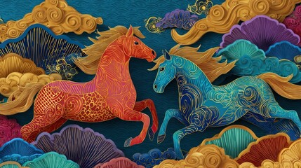 Obraz premium Chinese New Year 2026 Horizontal Banner Vector Background with Horses Colored Patterns for Decoration Cover Card Flyer Branding Poster Translation Happy New Year