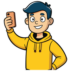 Obraz premium Flat Vector Illustration of Two Happy Men Taking a Selfie Together